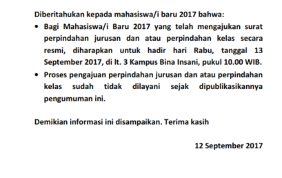 PENGUMUMAN PERPINDAHAN JURUSAN DAN KELAS