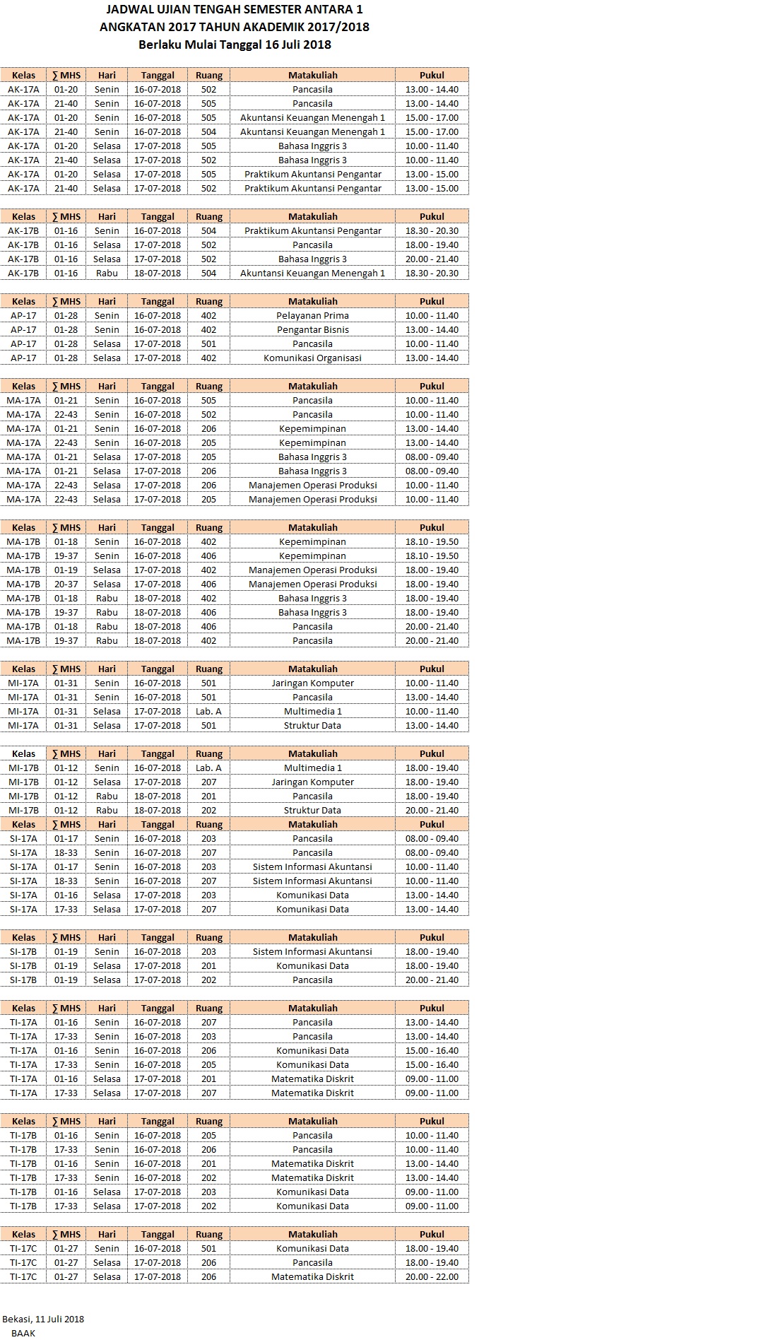 Jadwal UTS semester antara 2017