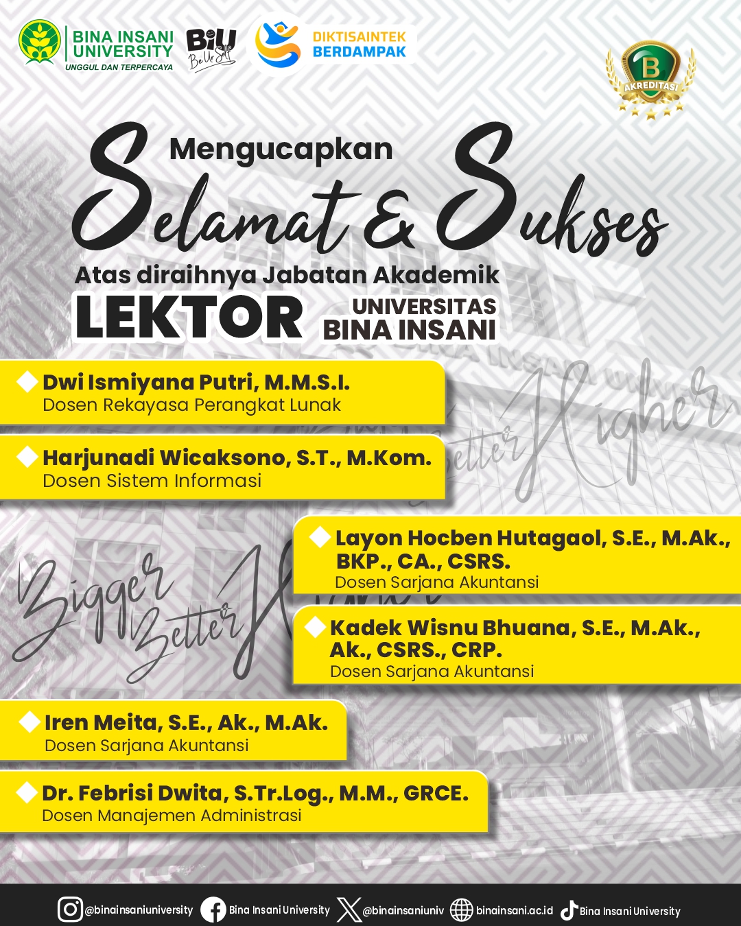 Selamat atas Pencapaian Jabatan Lektor bagi Dosen Universitas Bina Insani Selamat atas Pencapaian Jabatan Lektor bagi Dosen Universitas Bina Insani