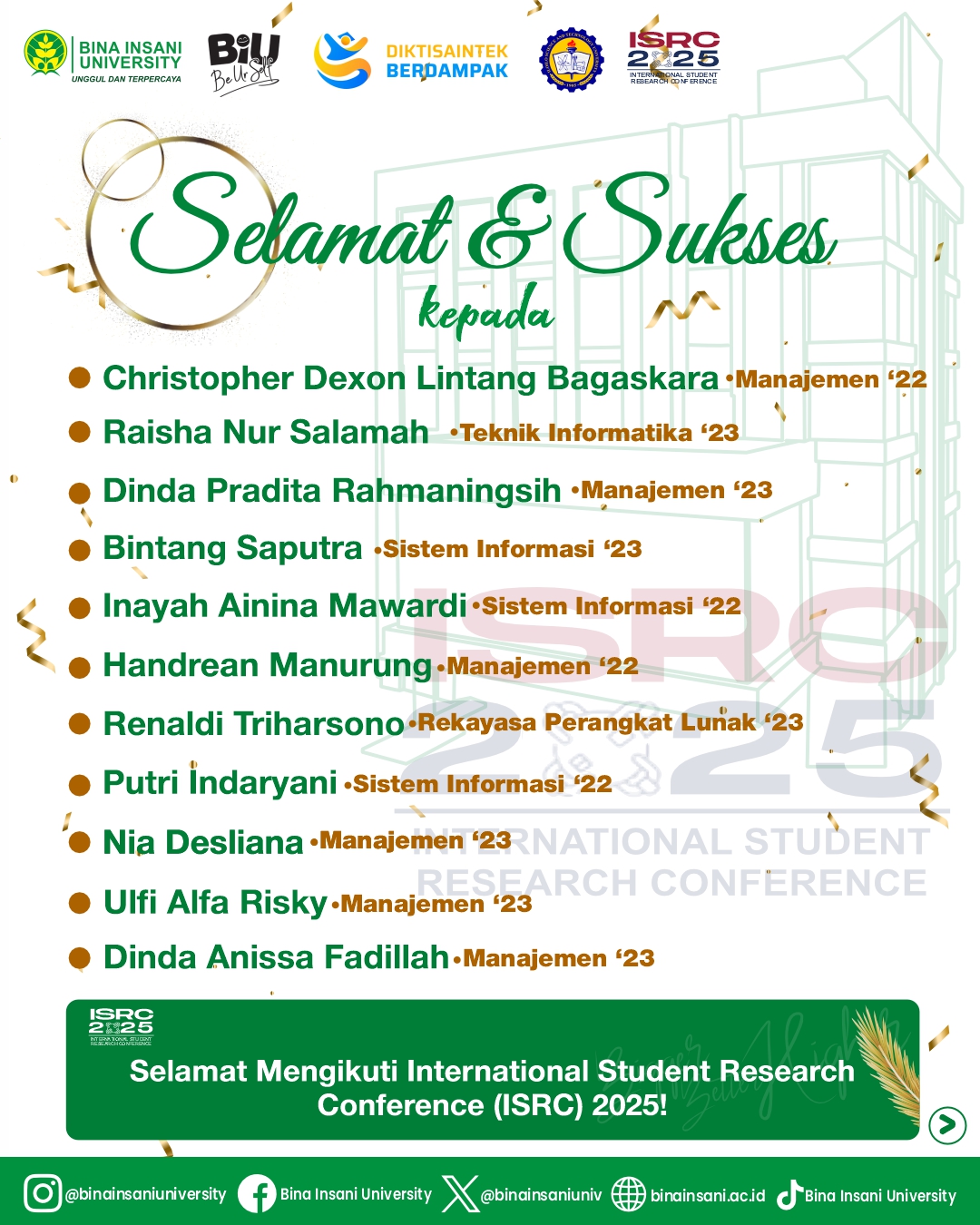 Selamat Mengikuti ISRC 2025 untuk Mahasiswa Bina Insani University
