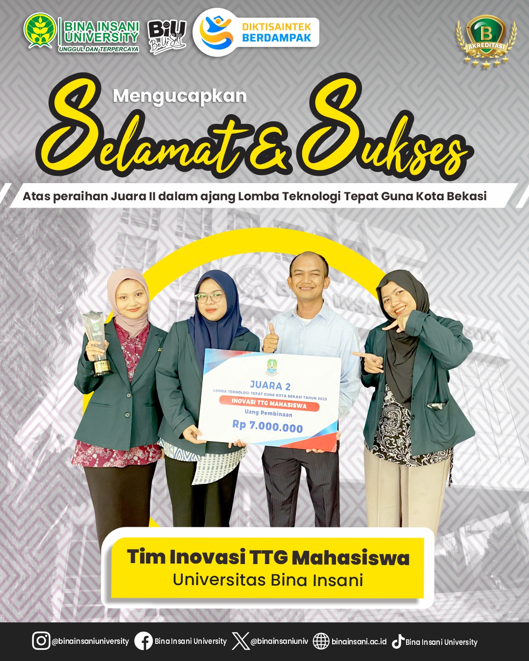 Tim Mahasiswa Bina Insani University Raih Juara II Lomba Teknologi Tepat Guna (TTG) Kota Bekasi 2025