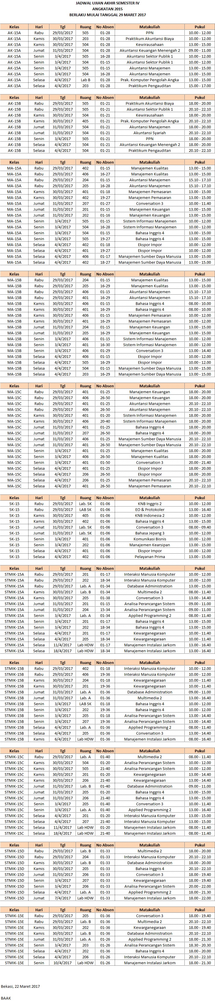 Jadwal Ujian Akhir Semester IV Ang 2015 TA 2016/2017