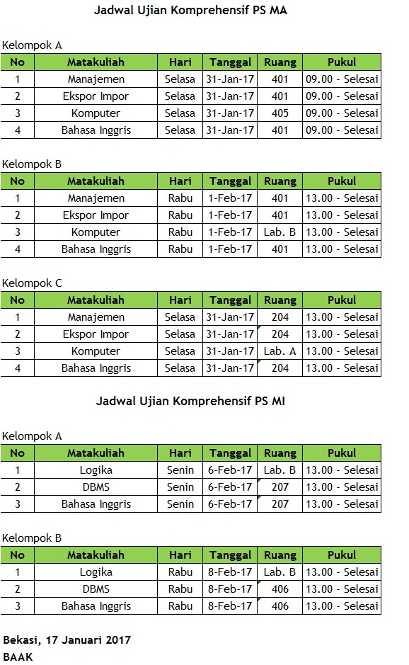 Jadwal Ujian Komprehensif Program Studi MA dan MI TA 2016/2017