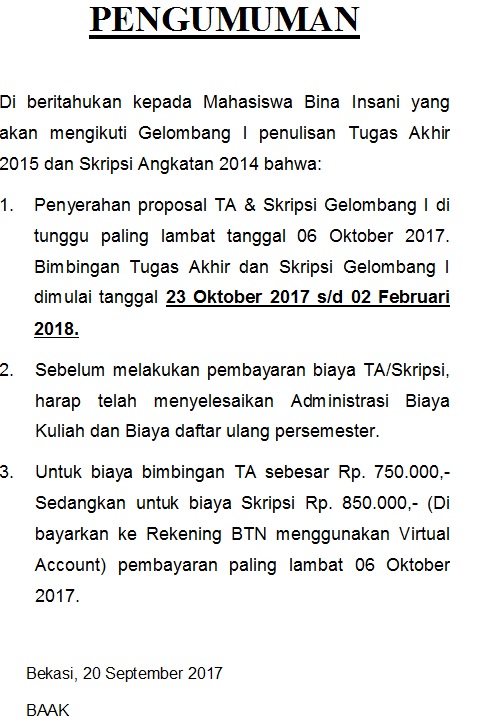 Pengumuman Penulisan TA Angk’ 2015 dan Skripsi Angk’ 2014