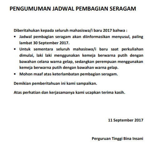 PENGUMUMAN JADWAL PEMBAGIAN SERAGAM