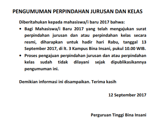 PENGUMUMAN PERPINDAHAN JURUSAN DAN KELAS