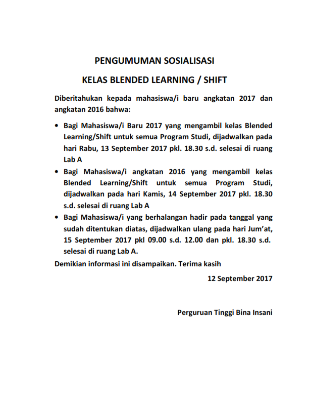 PENGUMUMAN SOSIALISASI KELAS BLENDED LEARNING / SHIFT