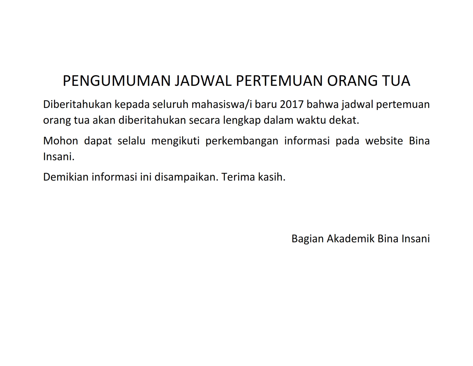 PENGUMUMAN JADWAL ORANG TUA