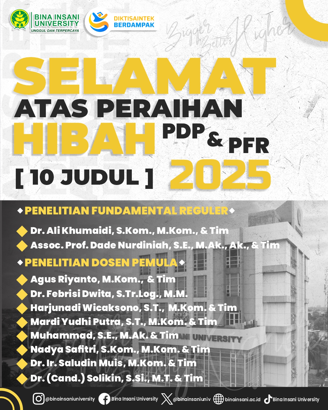 Dosen Universitas Bina Insani Raih Hibah Penelitian PDP dan Fundamental Reguler Tahun 2025